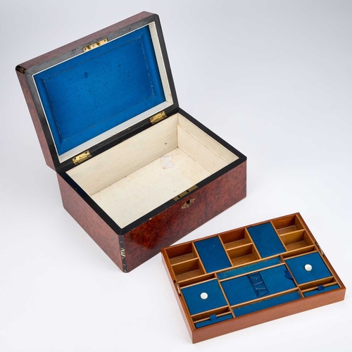 13 - A VICTORIAN AMBOYNA AND INLAID WORKBOX rectangular, the interior with a lift-out compartmentalised t... 