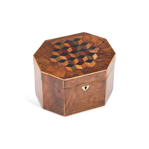 131 - AN EARLY 19TH CENTURY OCTAGONAL TEA CADDY the hinged lid inlaid with cube-parquetry, the interior wi... 