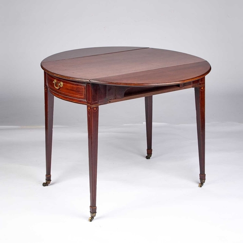 1319 - A GEORGE III STRING-INLAID MAHOGANY PEMBROKE TABLE with rounded leaves and a frieze drawer with a br... 