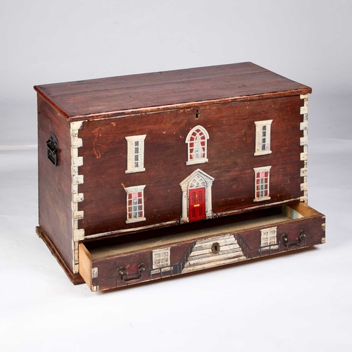 1327 - A 19TH CENTURY PAINTED PINE BLANKET BOX, LATER DECORATED painted to resemble a Georgian country hous... 