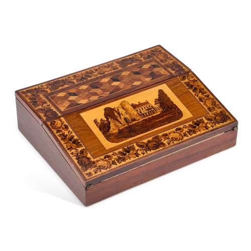 133 - A VICTORIAN TUNBRIDGE WARE WRITING SLOPE the hinged cover inlaid with a view of Tunbridge Castle, un... 