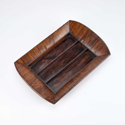 1345 - A 19TH CENTURY COUNTRY HOUSE ROSEWOOD TRAY with raised sides enclosing three rectangular wells. 36cm... 