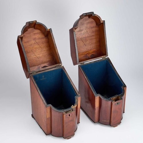 1350 - A PAIR OF GEORGE III INLAID MAHOGANY KNIFE BOXES each with a hinged slant-front lid opening to revea... 