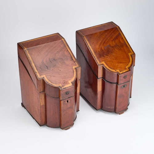 1350 - A PAIR OF GEORGE III INLAID MAHOGANY KNIFE BOXES each with a hinged slant-front lid opening to revea... 