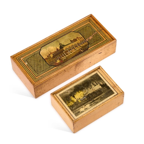 136 - TWO TUNBRIDGE WARE WHITEWOOD BOXES each sliding cover decorated with a print. (2) Largest 22cm wide... 