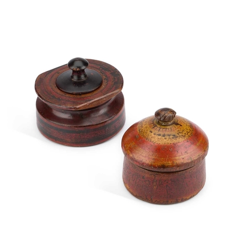 138 - TWO LATE 19TH CENTURY INDIAN TREEN SPICE BOXES each with lacquered decoration and pull-off covers. (... 