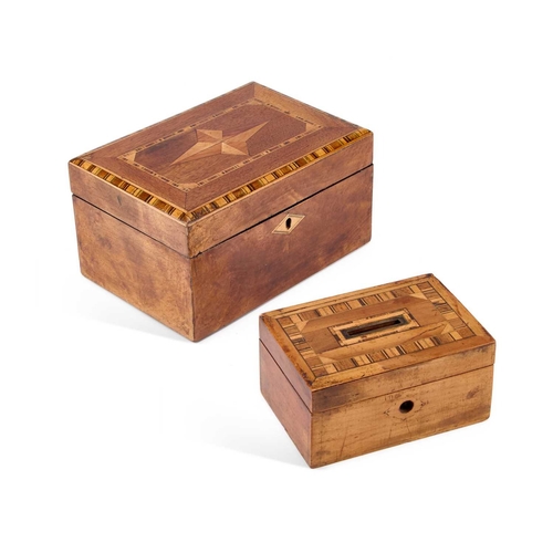 139 - A INLAID WALNUT TEA CADDY together with a late 19th century inlaid money box. (2) First 20.5cm wide... 