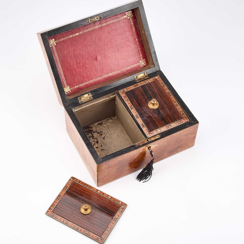 139 - A INLAID WALNUT TEA CADDY together with a late 19th century inlaid money box. (2) First 20.5cm wide... 