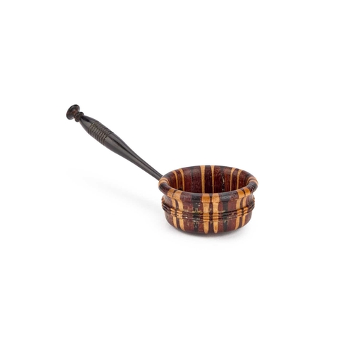 141 - A VICTORIAN TUNBRIDGE WARE CADDY SPOON with a deep stick ware bowl and a turned rosewood handle. 9.5... 