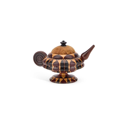 15 - A TUNBRIDGE WARE NOVELTY TEAPOT PIN CUSHION with mosaic and stick ware decoration, turned circular h... 