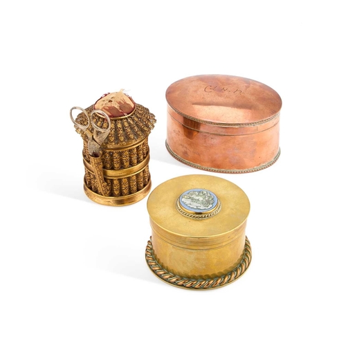 155 - A 19TH CENTURY GILT-METAL FILIGREE SEWING BOX together with a 19th Century brass circular box and a ... 