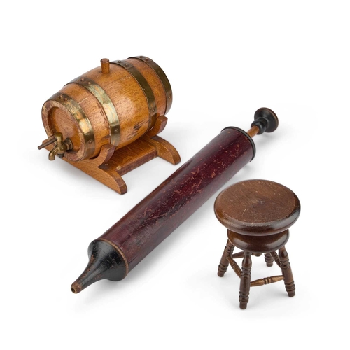 158 - A VICTORIAN TREEN AIR PUMP together with a brass-bound coopered oak spirit barrel and a miniature ri... 