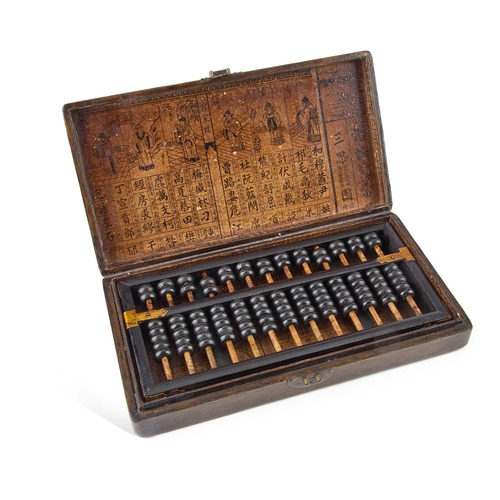 161 - A CHINESE ABACUS IN A GILT DECORATED LEATHER COVERED BOX Box 27cm long