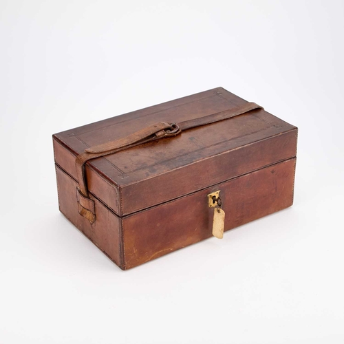 164 - A VICTORIAN LEATHER-BOUND APOTHECARY BOX rectangular, the hinged cover opening to reveal various com... 