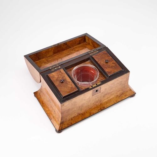 166 - A 19TH CENTURY BURR WALNUT DOME-TOP TEA CADDY the lid and escutcheon with small Tunbridge Ware panel... 