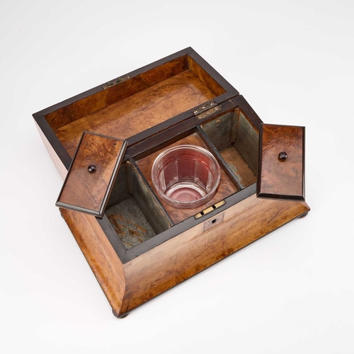 166 - A 19TH CENTURY BURR WALNUT DOME-TOP TEA CADDY the lid and escutcheon with small Tunbridge Ware panel... 