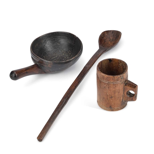 17 - A VICTORIAN TREEN GRAIN MEASURE together with a large 19th Century hardwood scoop and a wooden spoon... 