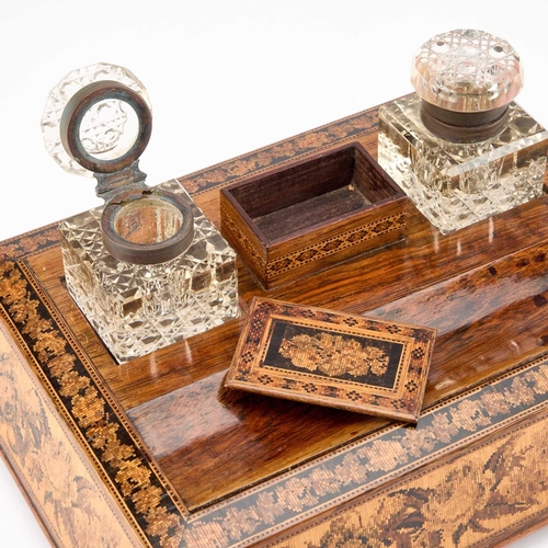 173 - A VICTORIAN ROSEWOOD AND TUNBRIDGE WARE DESK STAND the rectangular section body with floral inlaid a... 