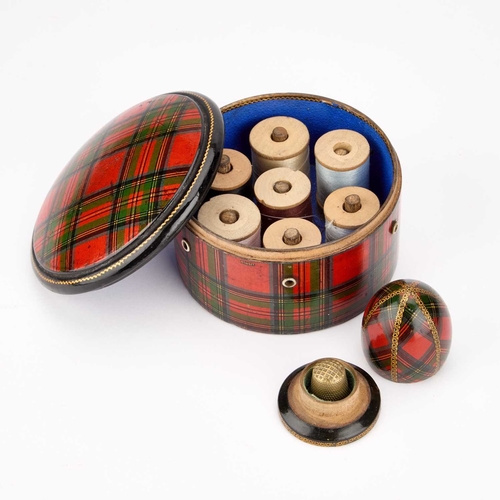 177 - TARTAN WARE (STUART) REEL BOX AND THIMBLE HOLDER the box of circular form with six apertures, the in... 