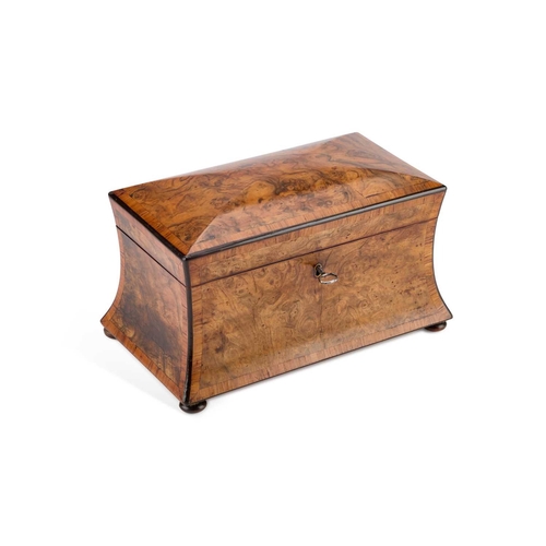 178 - A VICTORIAN BURR WALNUT TEA CADDY of bombe form with a domed cover, crossbanded in satinwood with eb... 