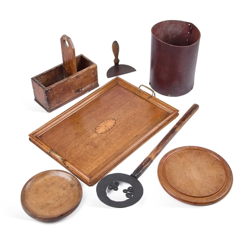 179 - A COLLECTION OF TREEN AND OTHER ITEMS including an early 20th Century inlaid oak two-handled tray, l... 