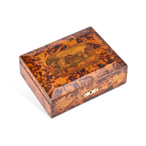 180 - AN EARLY TUNBRIDGE WARE PRINT DECORATED BOX with a burnt whitewood ground to simulate tortoiseshell,... 