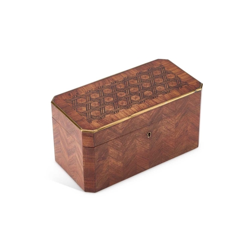 181 - A LOUIS PHILIPPE KINGWOOD AND TULIPWOOD TEA CADDY, CIRCA 1840 rectangular with canted corners, the h... 