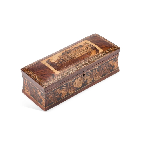 187 - A VICTORIAN ROSEWOOD TUNBRIDGE WARE BOX rectangular, the domed lid inlaid with a view of Battle Abbe... 