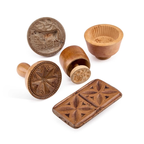 19 - FIVE TREEN BUTTER STAMPS/ MOULDS (5) Tallest 4cm