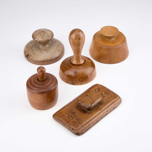 19 - FIVE TREEN BUTTER STAMPS/ MOULDS (5) Tallest 4cm