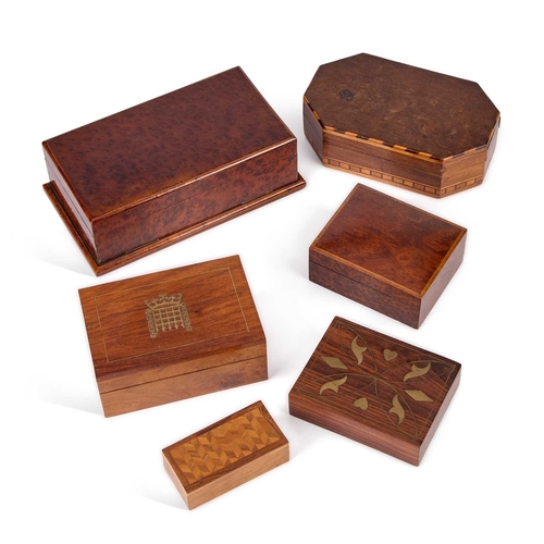 196 - A GROUP OF SIX TREEN BOXES including a 20th Century burr walnut playing cards box, with hinged lid a... 