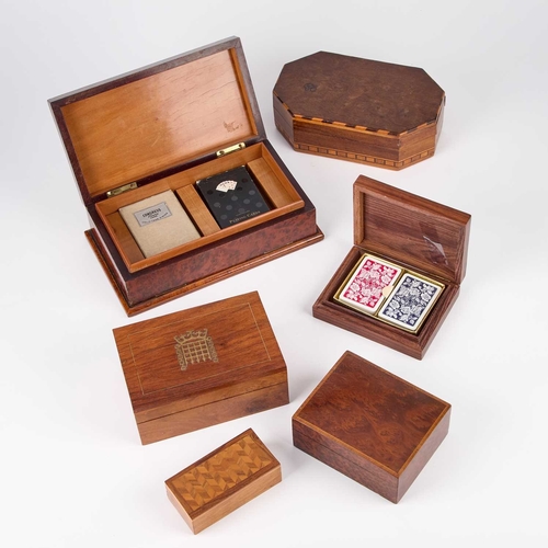 196 - A GROUP OF SIX TREEN BOXES including a 20th Century burr walnut playing cards box, with hinged lid a... 