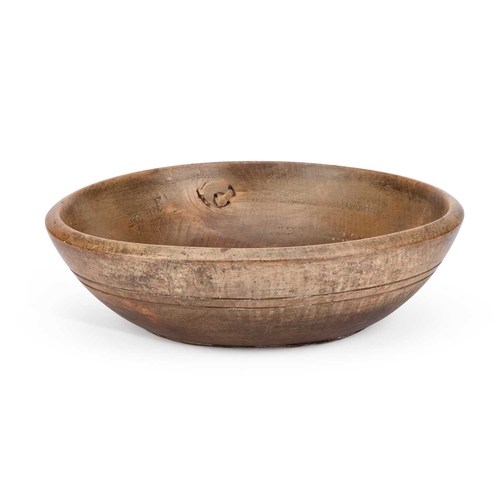 198 - A LARGE 19TH CENTURY SYCAMORE BOWL circular, with double linear decoration. 40cm diameter