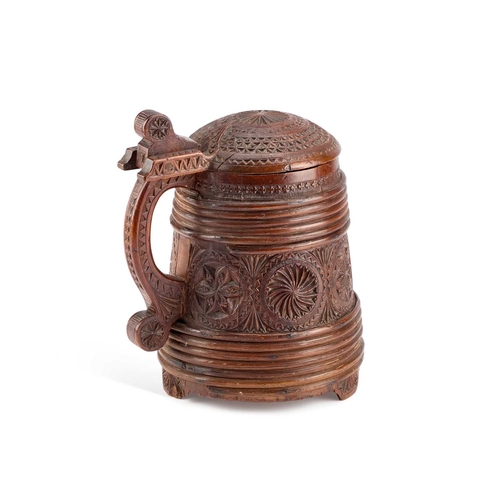 201 - A SCANDINAVIAN CHIP-CARVED TANKARD, NORWEGIAN OR DANISH, 19TH CENTURY of staved construction with be... 