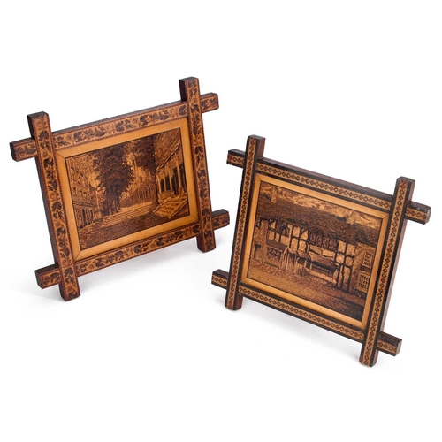 202 - TWO TUNBRIDGE WARE FRAMED PANELS one depicting Shakespeare's birthplace. (2) Largest 27cm wide... 