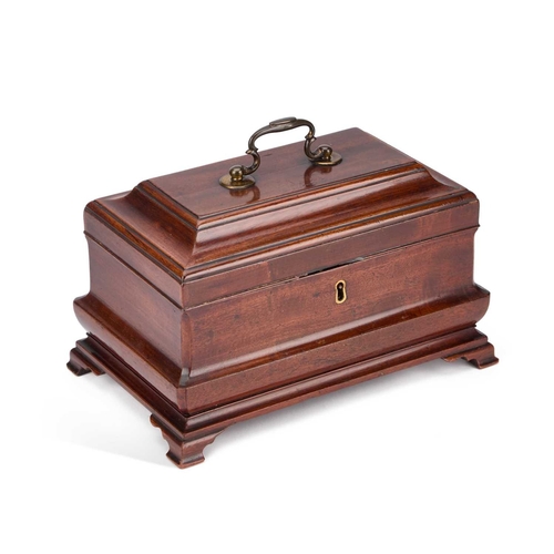 205 - A GEORGE III MAHOGANY VASULAR-MOULDED TEA CADDY with a brass carrying handle and ogee bracket feet. ... 