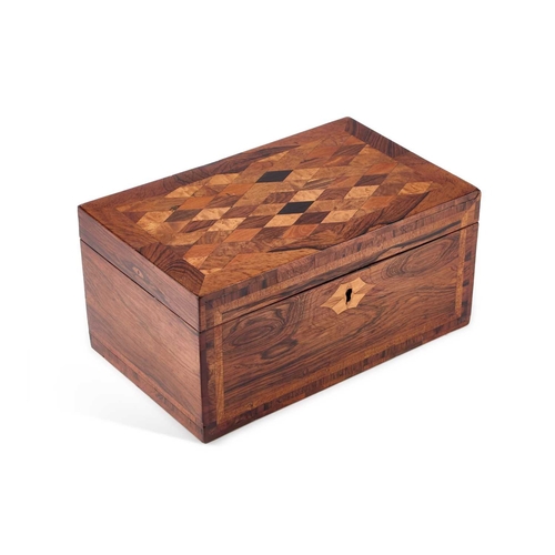 21 - A EARLY 19TH CENTURY SPECIMEN WOOD TEA CADDY rectangular, the hinged lid decorated with parquetry, t... 