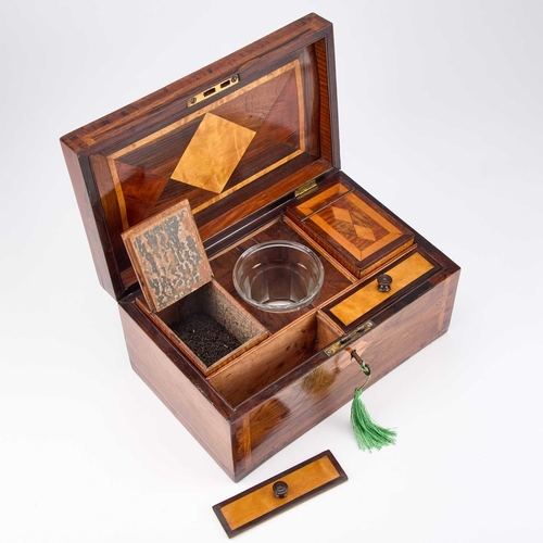 21 - A EARLY 19TH CENTURY SPECIMEN WOOD TEA CADDY rectangular, the hinged lid decorated with parquetry, t... 