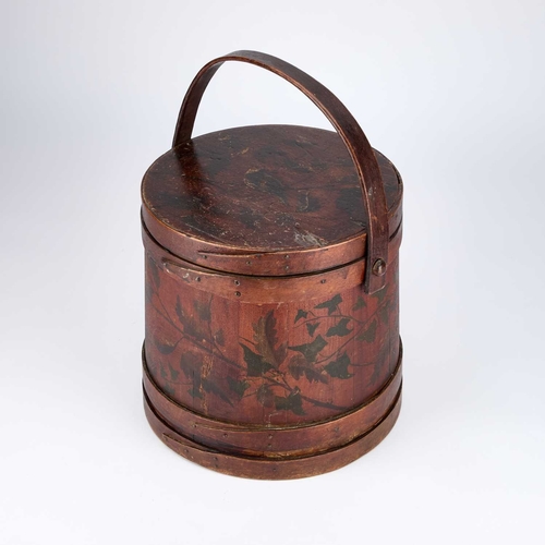 212 - A PAINTED PINE FIRKIN, 19TH/ 20TH CENTURY, LABEL OF WILLIAM WHITELEY, WESTBOURNE GROVE, LONDON the t... 