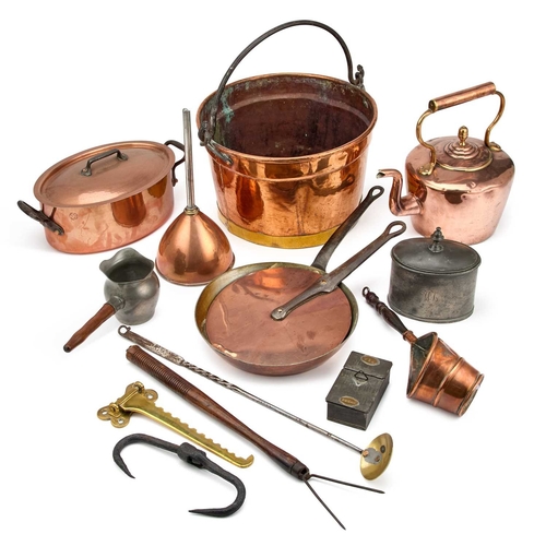 214 - A COLLECTION OF COPPER AND PEWTER KITCHENALIA including a pewter tea caddy, travelling tin for tea a... 