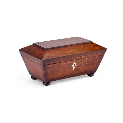 215 - AN EARLY 19TH CENTURY ROSEWOOD TEA CADDY of sarcophagus form, the interior with twin lidded circular... 