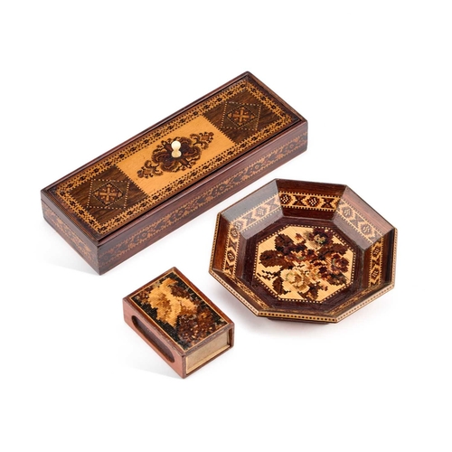 217 - THREE PIECES OF TUNBRIDGE WARE comprising a pen box, octagonal dish and a matchbox sleeve. (3) Pen b... 