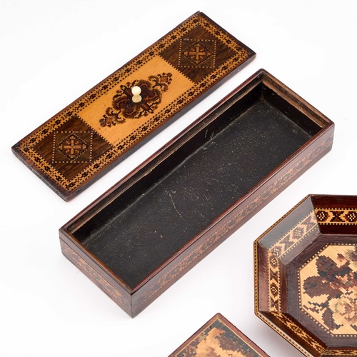 217 - THREE PIECES OF TUNBRIDGE WARE comprising a pen box, octagonal dish and a matchbox sleeve. (3) Pen b... 