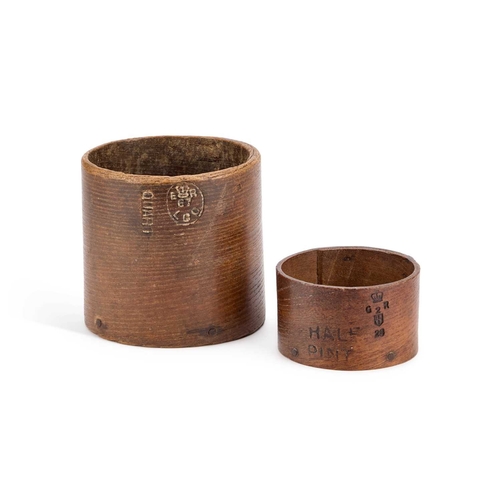 218 - TWO EARLY 20TH CENTURY BENTWOOD GRAIN MEASURES quart and half pint. (2) Tallest 12.5cm