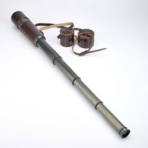 221 - A BROADHURST CLARKSON & CO LTD LEATHER BOUND FOUR DRAWER TELESCOPE within a leather case. 29.5cm (cl... 