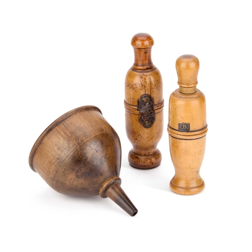 223 - TWO TREEN BOTTLE CORKERS AND A TREEN BEER FUNNEL (3) Funnel 15cm high