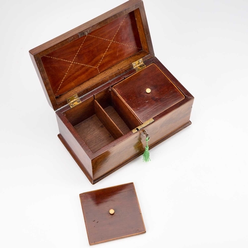 235 - A GEORGE III INLAID MAHOGANY TEA CADDY the hinged cover centred by an inlaid conch shell, the interi... 