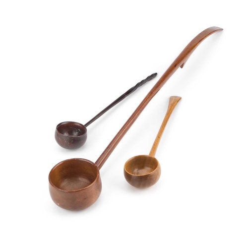 237 - THREE TREEN TODDY LADLES including a Victorian fruitwood example with a hanging hook to the back, et... 