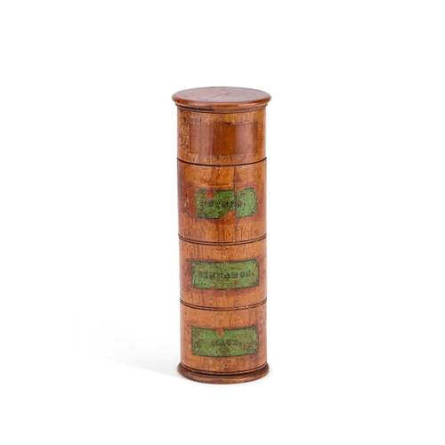 238 - A 19TH CENTURY FOUR-SECTION SPICE TOWER remnants of three labels for nutmeg, cinnamon and mace. 23cm... 