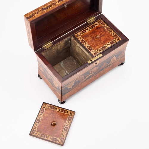 239 - A FINE VICTORIAN TUNBRIDGE WARE TEA CADDY of sarcophagus form, the hinged lid inlaid with a rose spr... 